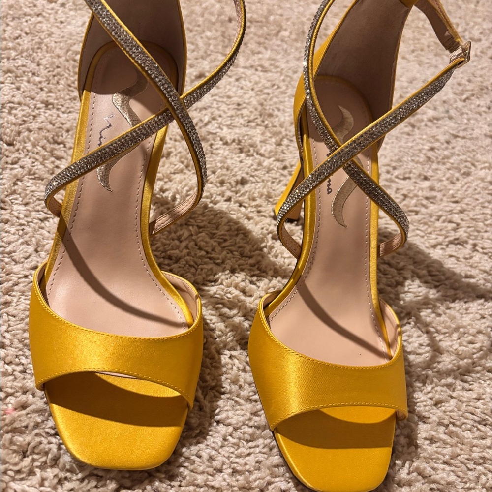 Yellow Satin Strappy High Heel Sandals with Rhinestone Ankle Straps